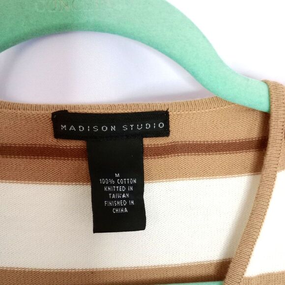 Madison Studio Faux Wrap V Neck Sweater Neutral Stripe Cotton Knit Lightwght Med - Picture 4 of 4